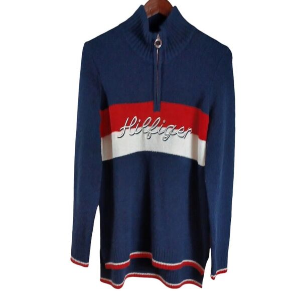 Tommy Hilfiger Preppy Sweater Mens M Blue 1/4 Zip Long Sleeve Wool Blend Script - Picture 1 of 9